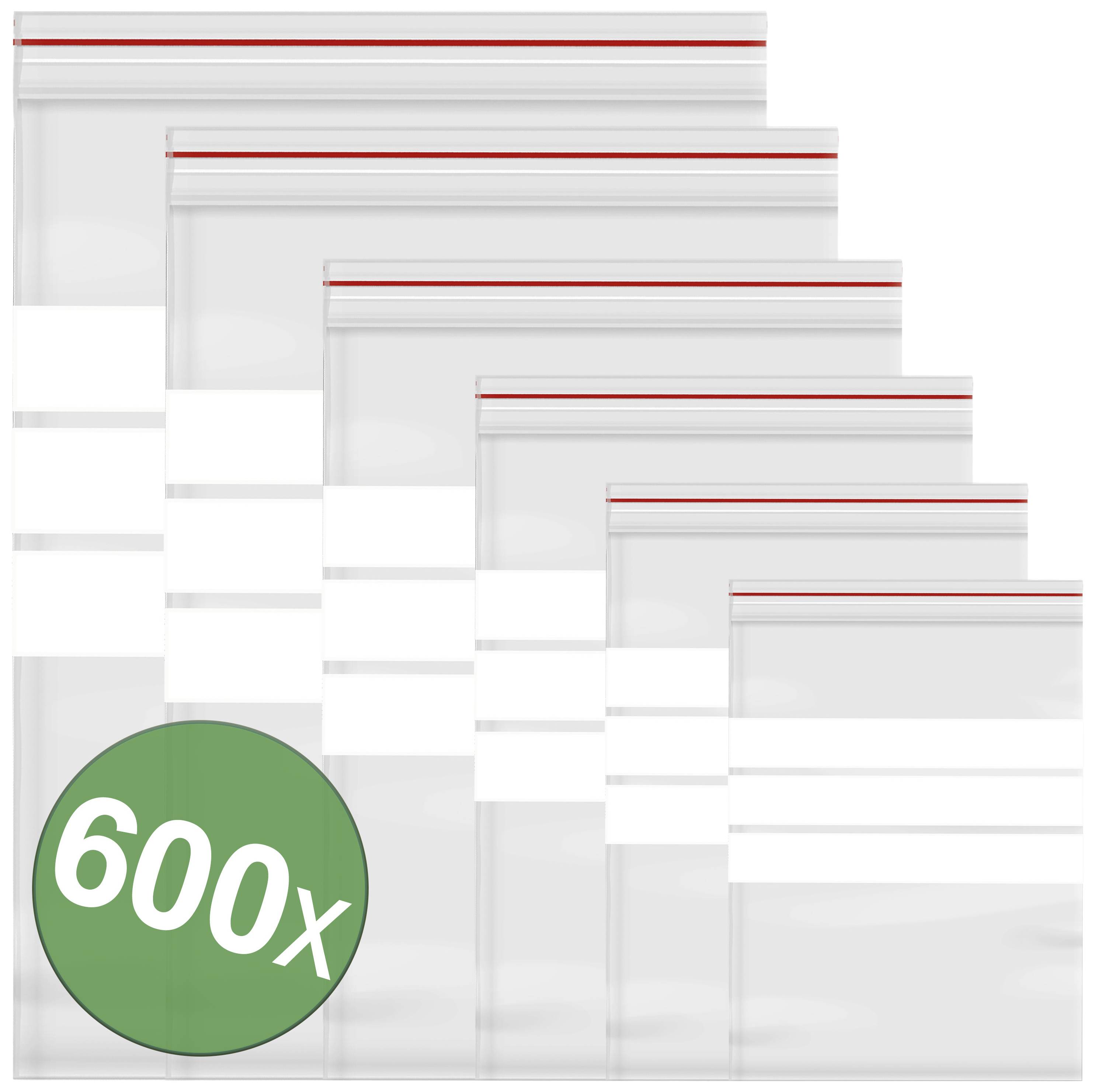 Sechs verschiedene Größen von transparenten Zipper-Beuteln übereinander gestapelt mit '600X' in einem grünen Kreis unten links.