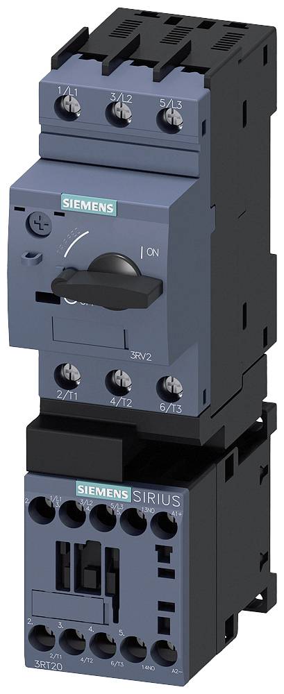 Ein Siemens Schütz-Schalter montiert auf einem Basismodul, schwarzes und graues Design, mit mehreren elektrischen Anschlüssen.
