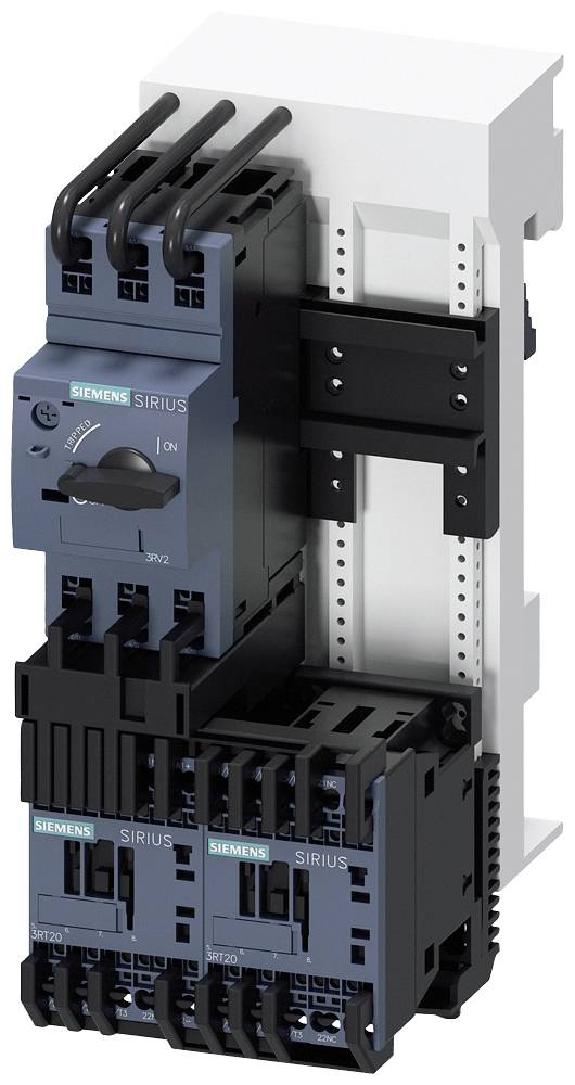 Ein Siemens-Sirius-Schaltgerät mit Schalter und Kabeln, montiert auf einer DIN-Schiene. Geeignet für industrielle Steuerungen.