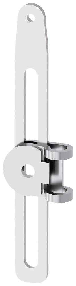 Ein Metallscharnier mit einem langen, schmalen Riegel und einer drehbaren Mittelklemme, verwendet zur Befestigung und Justierung.