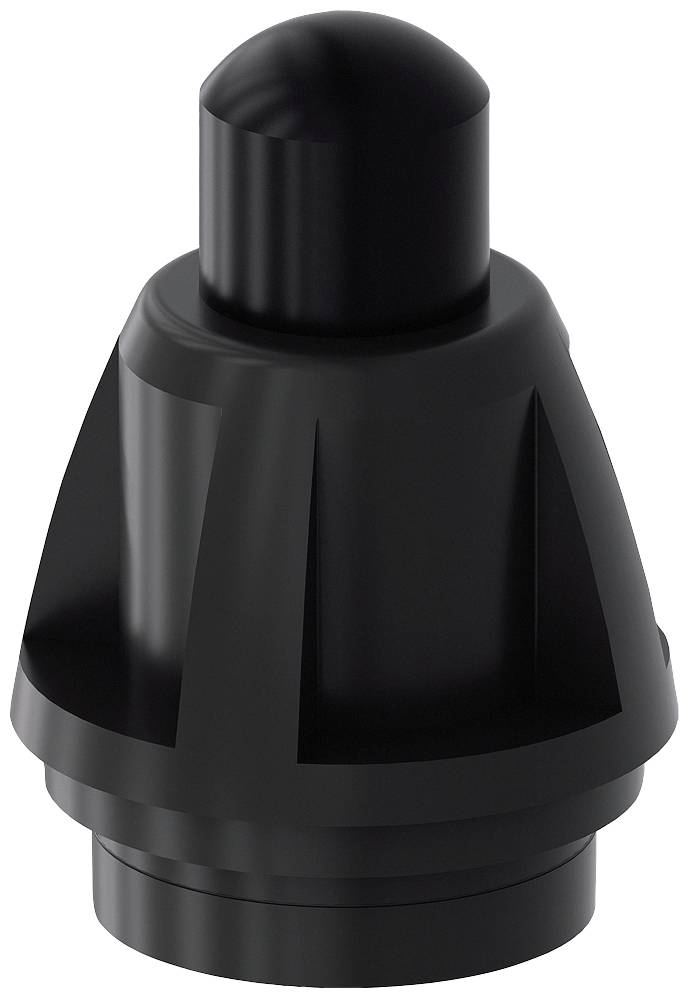 Schwarzer, zylindrischer Plastikdeckel, konisch geformt, mit gerilltem Design zur einfachen Handhabung.