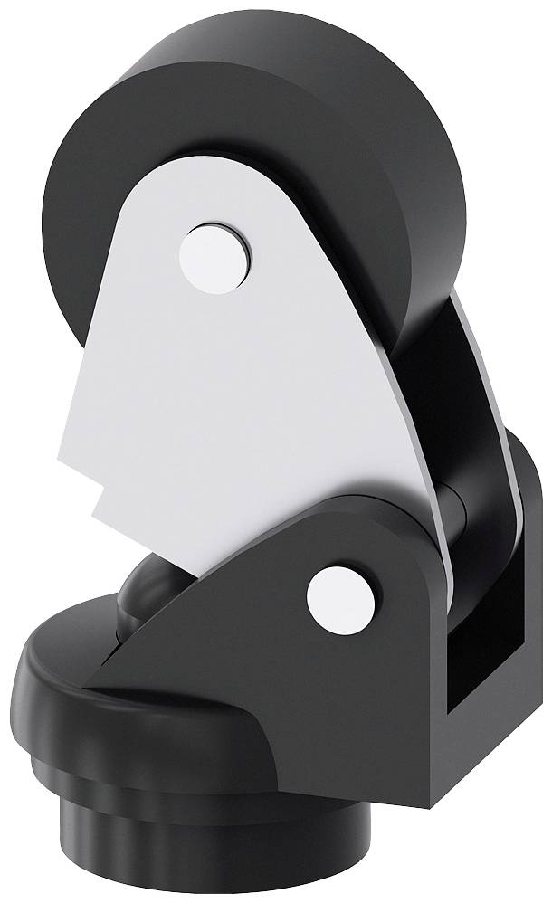 Schwarz-weiße drehbare Möbelrolle mit feststellbarem Mechanismus, Seitenansicht.