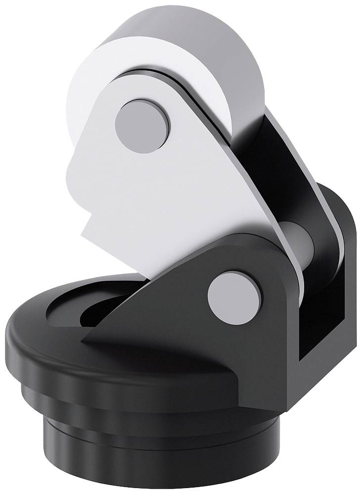 Metallisches Gelenkbauteil mit schwarzem Sockel und silbernem Gelenk. Wird häufig in mechanischen oder industriellen Anwendungen verwendet.