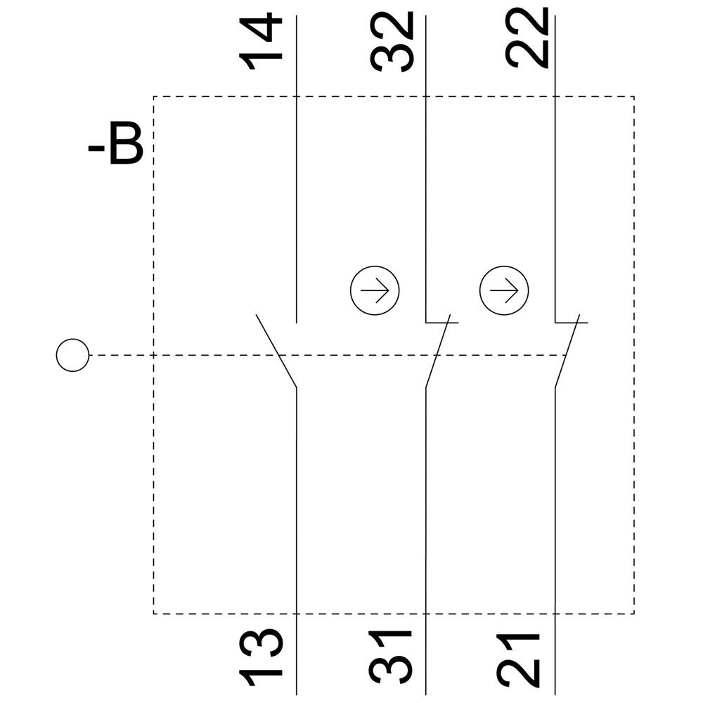 Diagramm zeigt elektrische Schaltung mit zwei Pfeilsymbolen zwischen den Nummern 14, 13, 31, 32, 21, 22, und einem '-B'-Symbol.