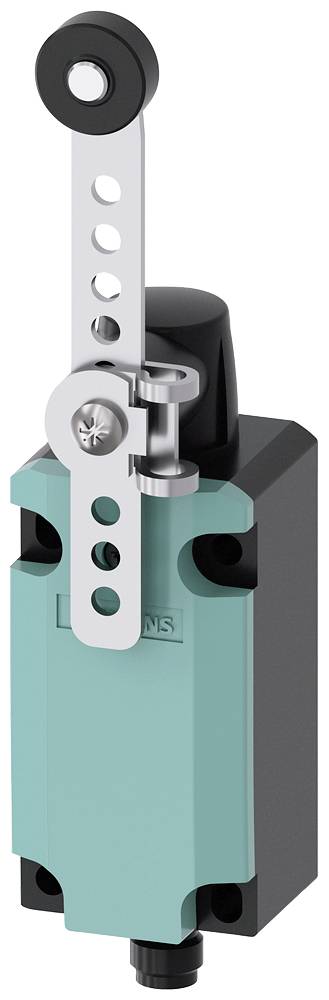 Ein Hebelendschalter mit metallischem Hebel und Lochmuster sowie einem schwarzen Gehäuse und grüner Vorderseite.