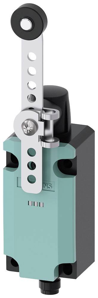 Ein Hebelschalter in türkis mit schwarzem Gehäuse und Metallhebel. Wird oft in Maschinen für Positionsabfragen verwendet.