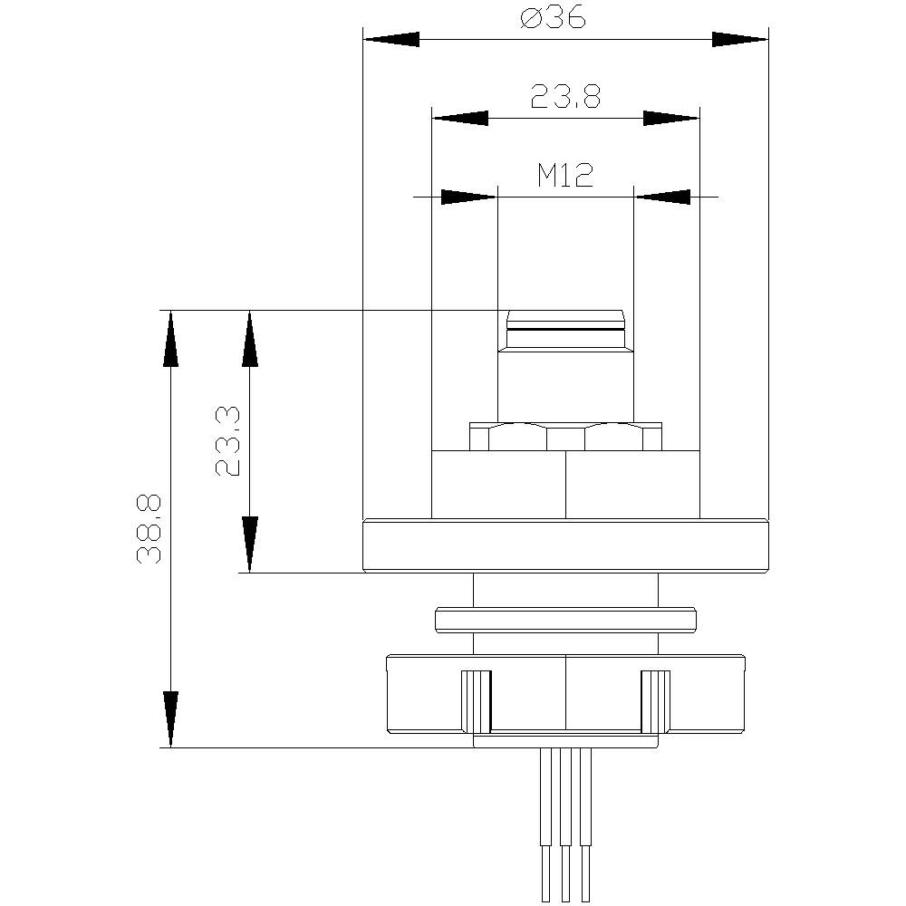 Technische Zeichnung eines runden Steckverbinders mit den Maßen Ø36, 23,8, M12 und 38,8. Seitenansicht mit Drahtanschlüssen unten.