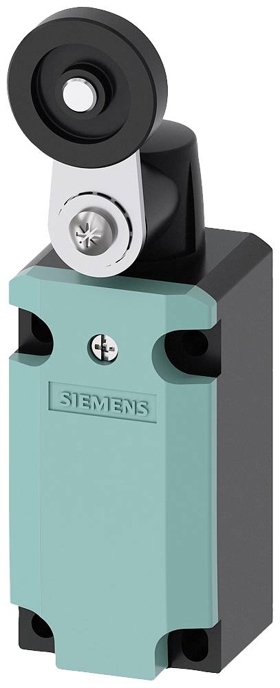 Grüner Siemens-Endschalter mit Rollenhebelmechanismus, verwendet zur Positionsüberwachung in mechanischen Systemen.