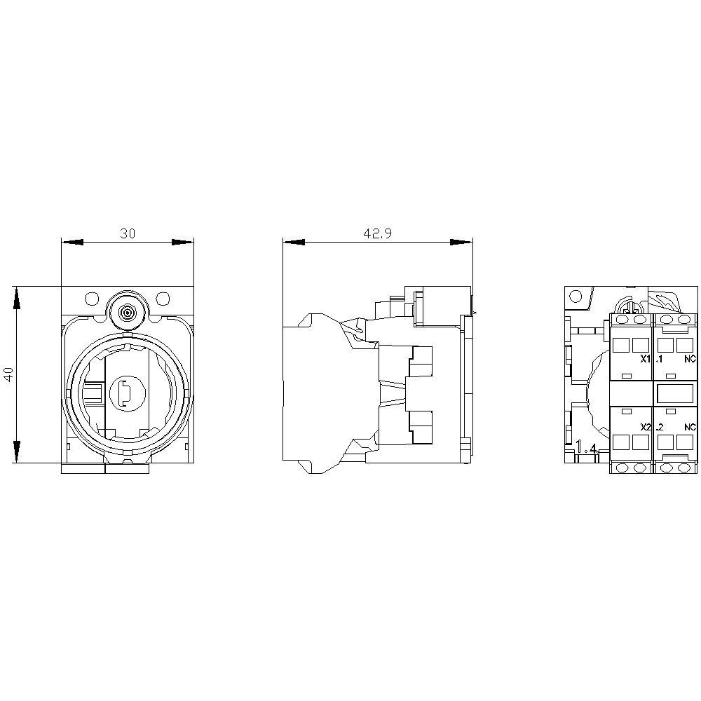 Technische Zeichnung eines Schalters mit Front-, Seiten- und Draufsicht. Maße: 30x40 mm vorne, 42,9 mm tief. Gehäuse und Anschlussklemmen erkennbar.