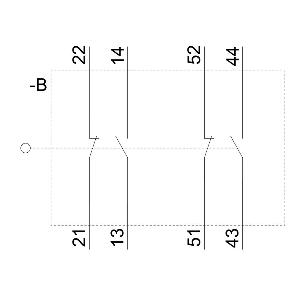 Ein technisches Diagramm zeigt vier nummerierte Leitungen (21, 13, 51, 43) zwischen zwei vertikalen Linien (-B), mit zusätzlichen Nummern (22, 14, 52, 44) oberhalb der Linien.