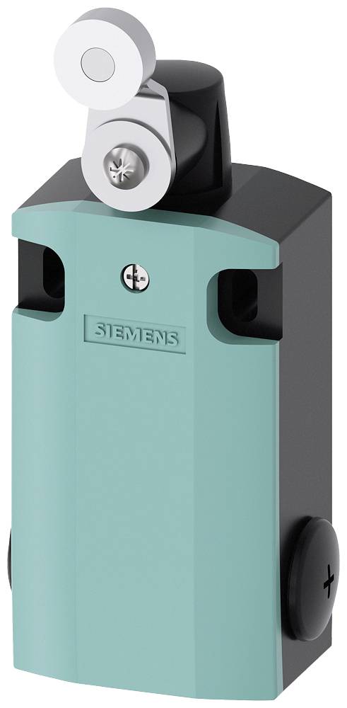 Ein Sicherheitsendschalter von Siemens mit einem robusten, rechteckigen Gehäuse und einem Hebelarm.