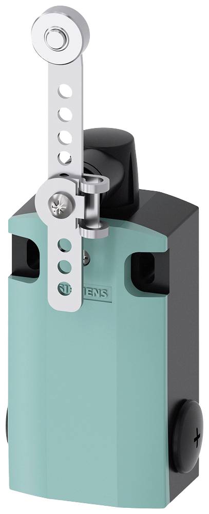 Ein grüner Sicherheitsendschalter mit Metallhebel zur Steuerung industrieller Maschinen.