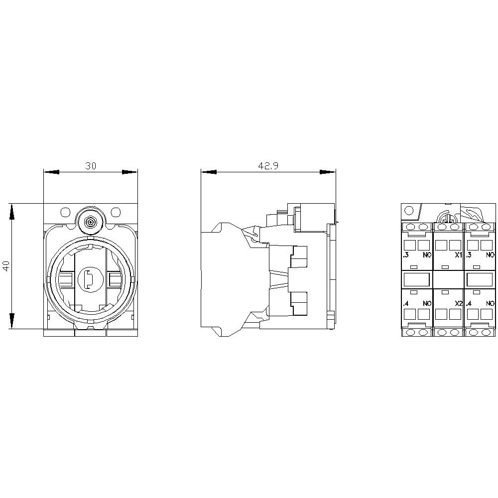 Technische Zeichnung eines elektrischen Schalters mit Abmessungen: Breite 30 mm, Höhe 40 mm, Tiefe 42,9 mm, Kontakte mit Markierungen für NO und NC.