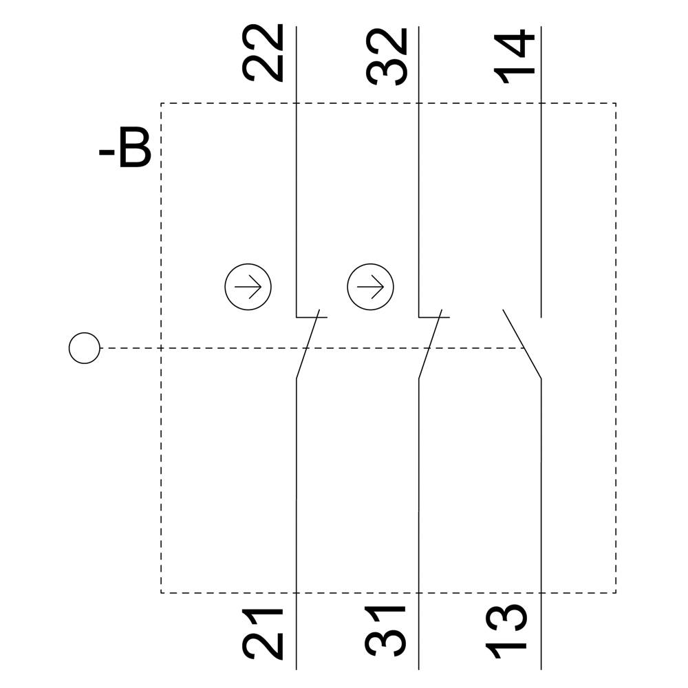 Schaltplan zeigt zwei Schalter mit Pfeilen nach rechts, verbunden über Linien mit Nummern 22, 32, 14, 21, 31, 13, markiert '-B'.