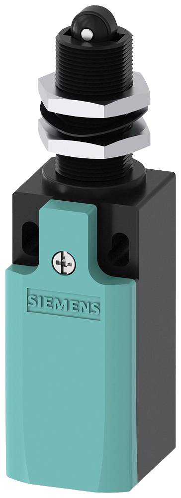 Ein zylindrischer Näherungssensor montiert in einem schwarzen und türkisfarbenen Kunststoffgehäuse von Siemens.