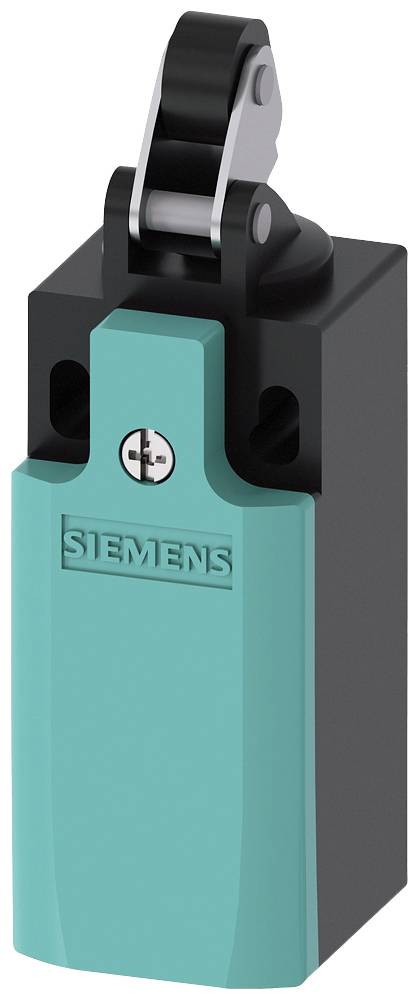 Industrielle Endschalter von Siemens in Teal, mit Drehschwenkhebel oben, aufrechtstehend.