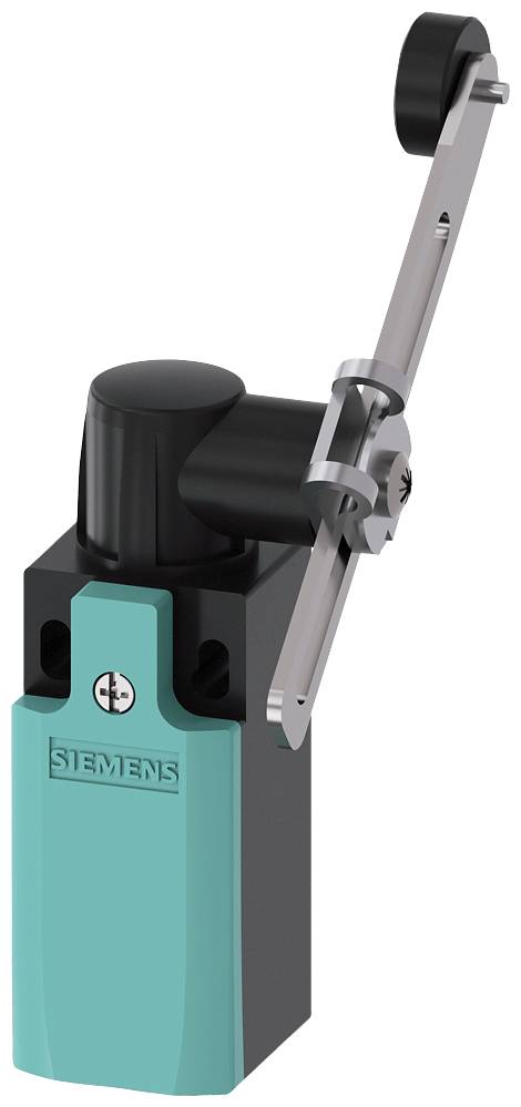 Sensor mit Hebelarm und Walze, verwendet zur Positionsüberwachung in industriellen Anwendungen. Gehäuse mit Siemens-Logo auf der Vorderseite.