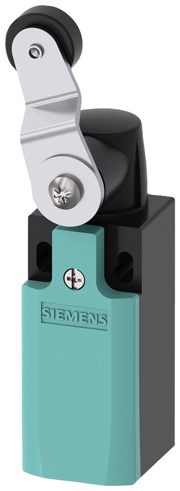 Ein mechanischer Schalter von Siemens mit einem Rollenhebel. Der Schalter ist in einem türkisfarbenen Gehäuse untergebracht.