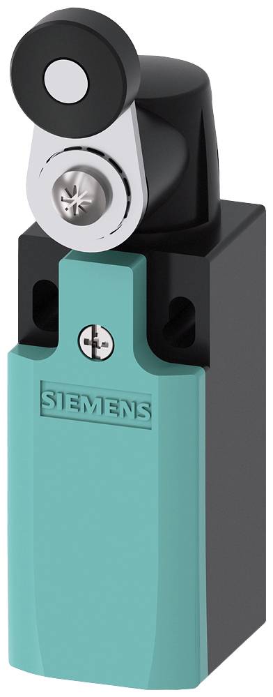 Industrieschalter mit blauem Gehäuse und rotierendem Betätigungsarm, 'Siemens'-Logo sichtbar, zur Steuerung industrieller Prozesse.