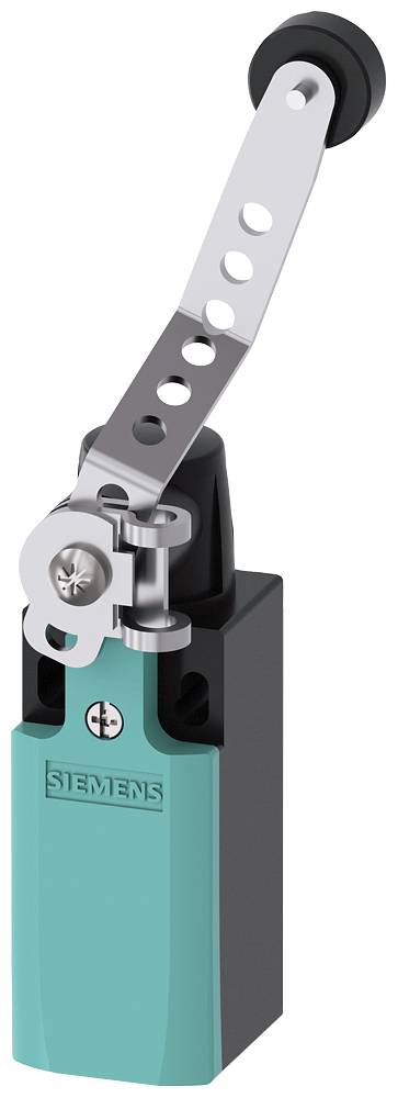 Ein Schalter von Siemens mit einem Hebel, der aus einer grünen Basis herausragt. Der Hebel hat mehrere Löcher und endet mit einem schwarzen Rad.