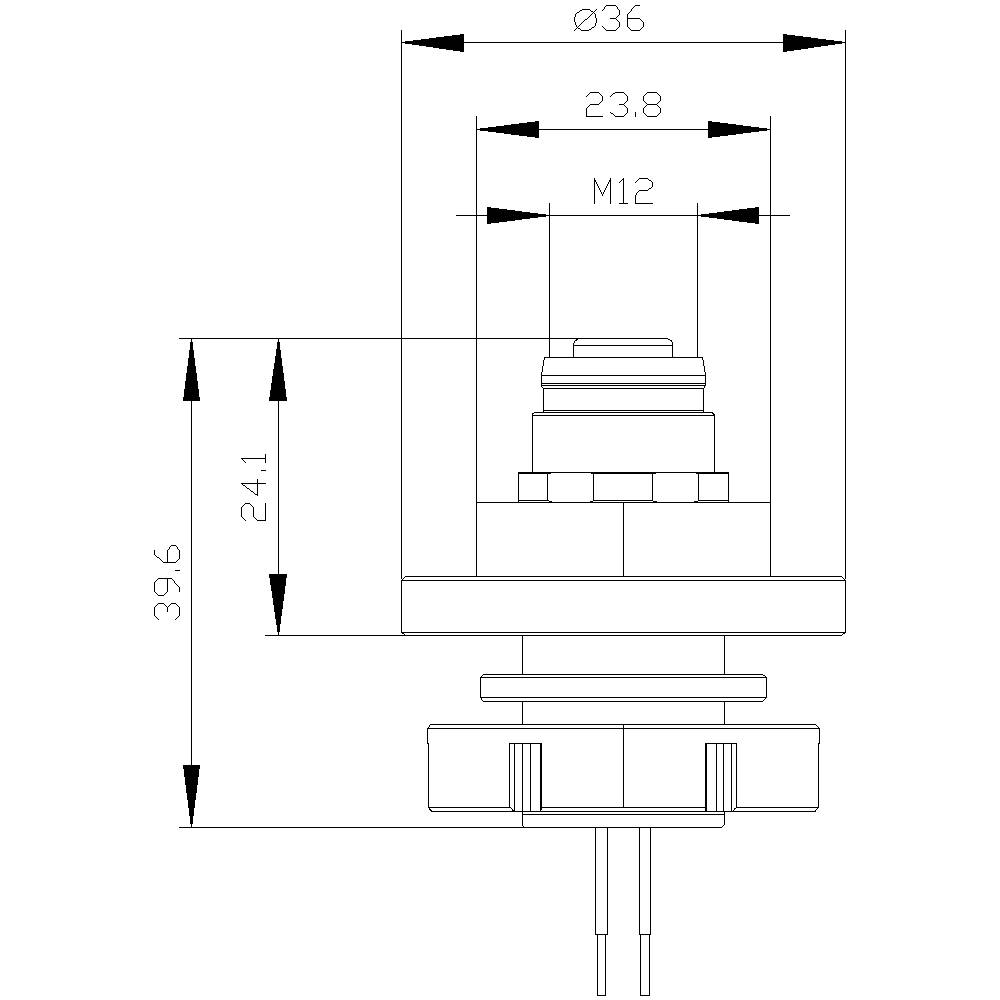 Technische Zeichnung eines zylindrischen Bauteils mit M12-Gewinde. Maße: Durchmesser 36 mm, Höhe 39,6 mm, Abstand 23,8 mm.