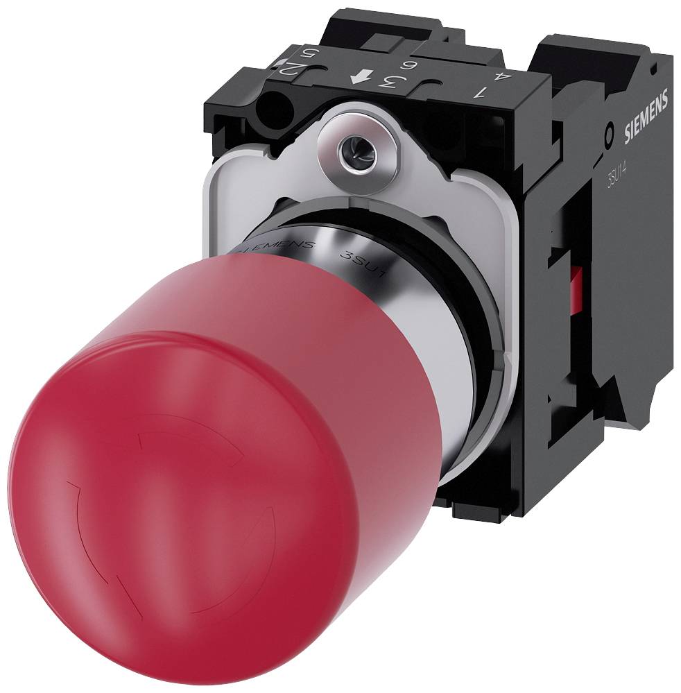Ein roter Not-Aus-Knopf von Siemens. Der Knopf ist an einem schwarzen Gehäuse montiert und dient der schnellen Abschaltung in Notfällen.