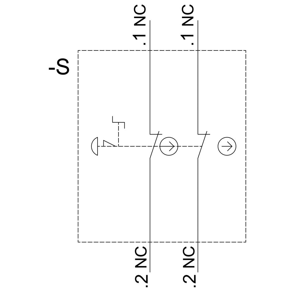 Elektrisches Schaltplan-Diagramm mit zwei Schaltern (1 NC, 2 NC), Linien und Symbolen in einem gestrichelten Rechteck.