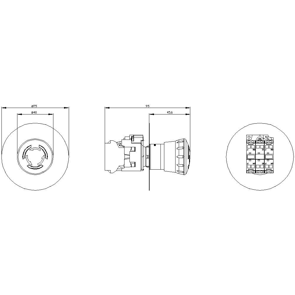 Technische Zeichnung eines zylindrischen Bauteils mit Maßen. Vorder-, Seiten- und Draufsicht sind dargestellt, Maße in Millimetern.