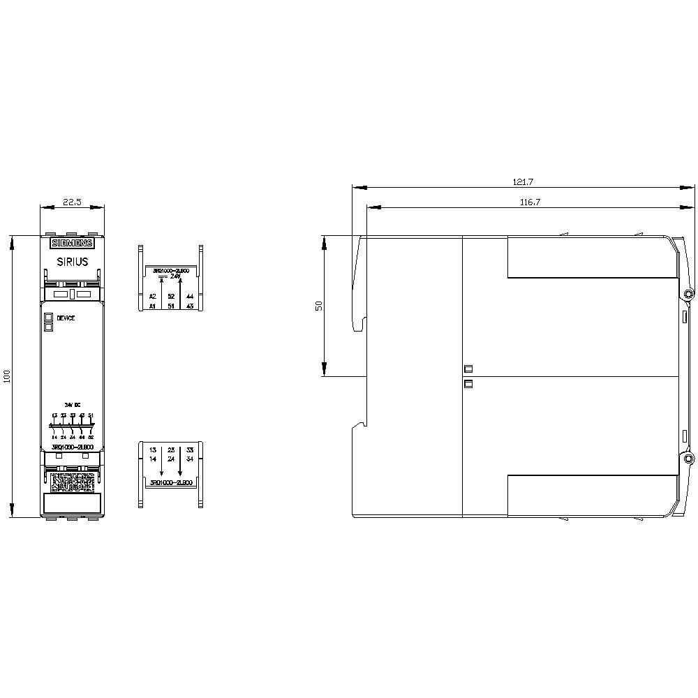 Technische Zeichnung eines SIRIUS Moduls. Links: Frontansicht mit Maßen und Beschriftung. Rechts: Seitenansicht mit weiteren Maßen.