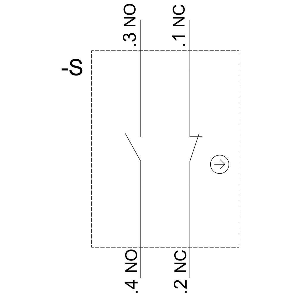 Schaltsymbol einer Vier-Wege-Ventil mit zwei offenen und zwei geschlossenen Wegen. Markiert mit '4.NO', '3.NO', '2.NC', '1.NC'.