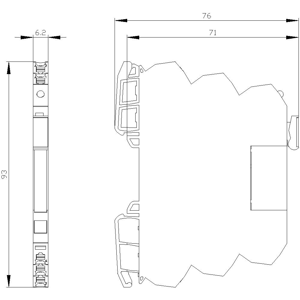 Technische Zeichnung eines rechteckigen Bauteils mit Maßen: Höhe 93 mm, Breite 6,2 mm, Tiefe 76 mm.