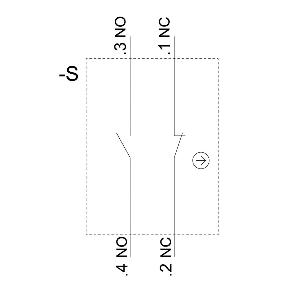 Relais mit 4 Kontakten: Terminal 1 (NC), 2 (NC), 3 (NO), 4 (NO). Pfeil zeigt Stromflussrichtung. Gestrichelter Rahmen um Kontakte.