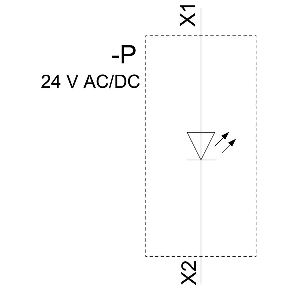 Schaltskizze zeigt LED-Lichtsignal, betrieben mit 24 V AC/DC, zwischen den Anschlüssen X1 und X2 beschaltet.