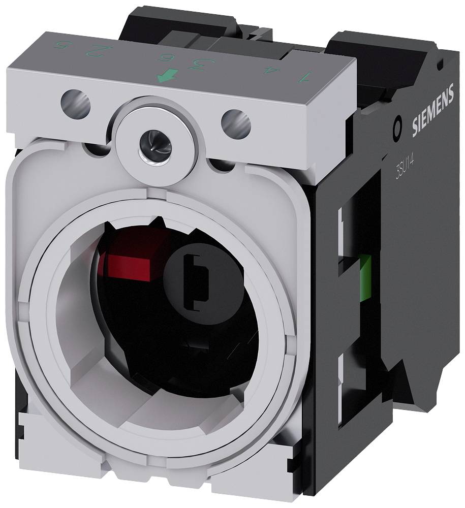 Ein elektrisches Bauteil von Siemens, vermutlich ein Schalter oder Steuertaste, mit einem runden, leeren Anschlussbereich in der Mitte.