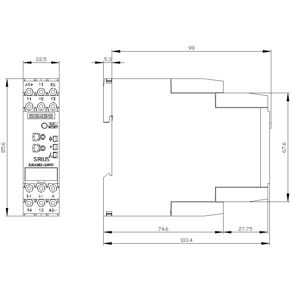 Schaltplan eines Elektronikmoduls mit Abmessungen: Breite 22,5 mm, Höhe 85,6 mm. Detailansicht der Anschlüsse und Markenkennzeichnung 'SIRIUS'.