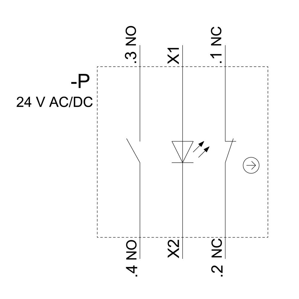 Schaltsymbol eines Relais: 24 V AC/DC, mit Anschlussklemmen 1NC, 2NC, 3NO, 4NO, und LED-Anzeige zwischen X1 und X2.