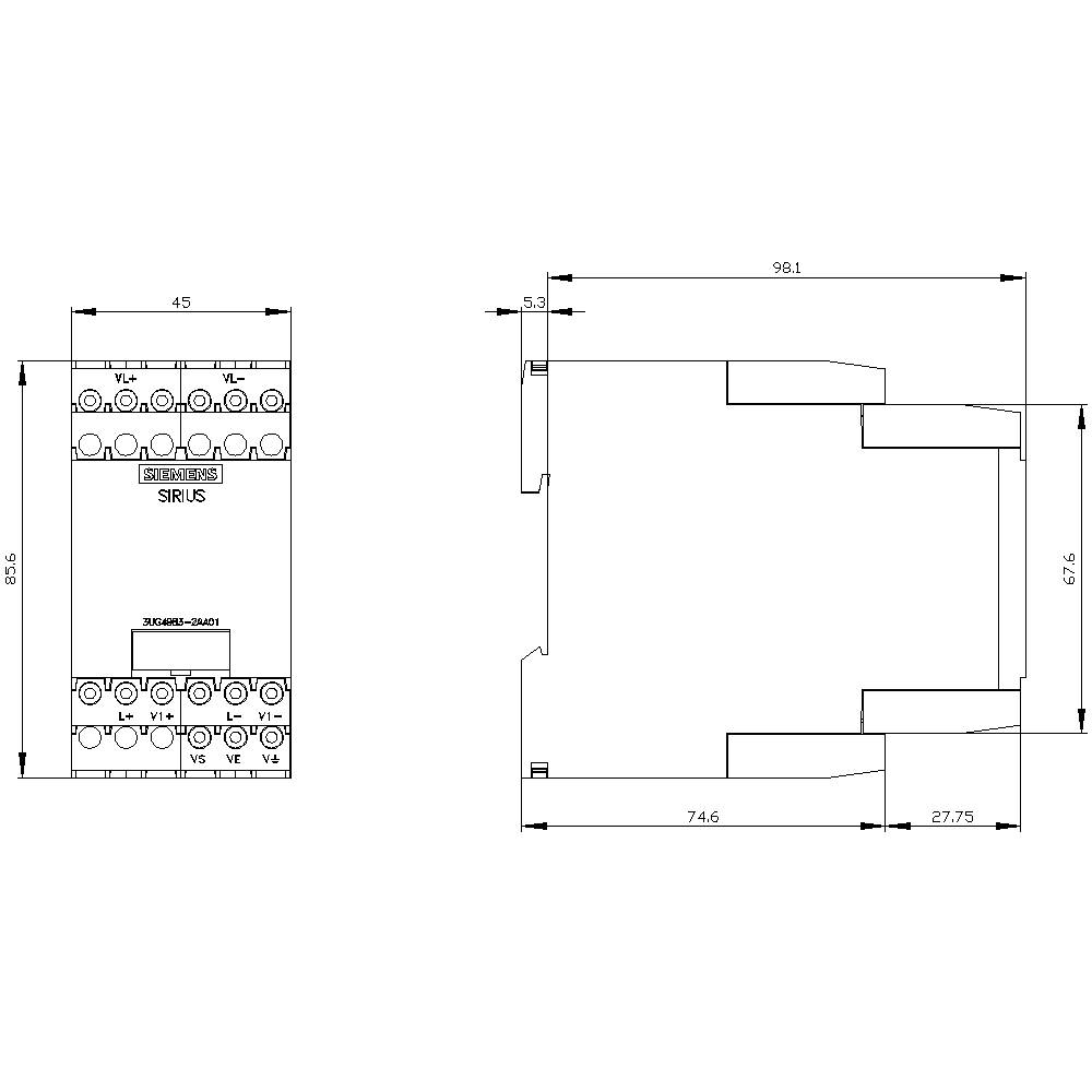'Technische Zeichnung eines elektrischen Bauteils mit Abmessungen: Breite 45 mm, Tiefe 75,6 mm, Höhe 97,5 mm, Label 'SIRIUS'.'