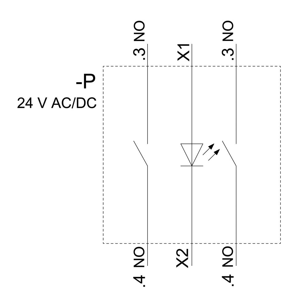 Schaltplan eines Relais mit 24 V AC/DC Steuerung. Zeigt Spulenanschlüsse X1 und X2 sowie normalerweise offene Kontakte .3 NO und .4 NO.