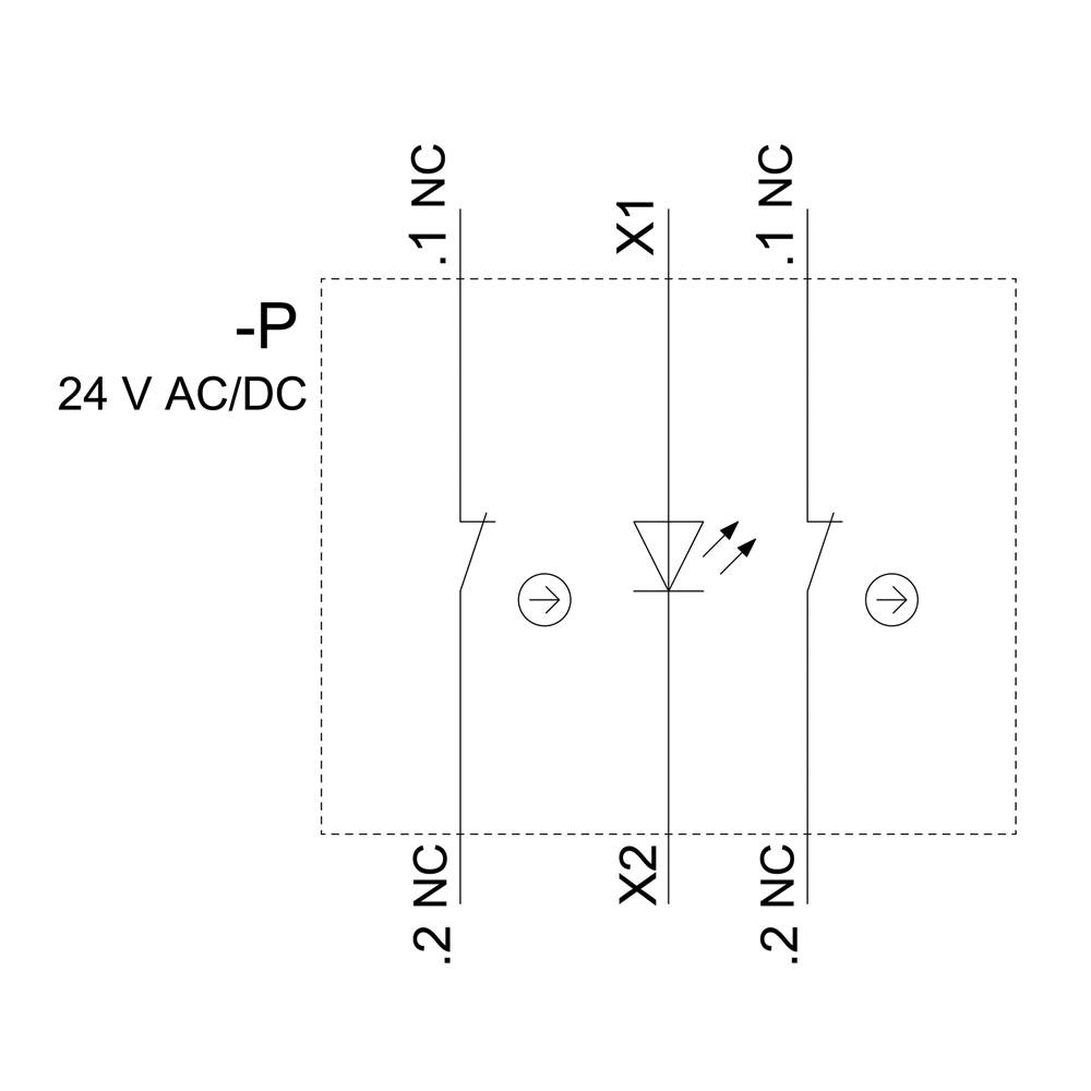 Schaltplan für ein Relais mit LED-Anzeige bei 24 V AC/DC. Zeigt zwei Öffnerkontakte (1 NC) an Klemmen X1 und X2.