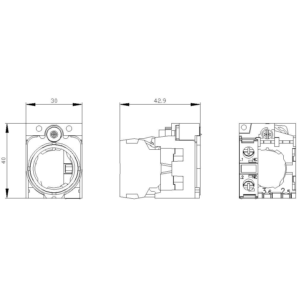Zeichnung eines elektrischen Bauteils mit Abmessungen: Breite 30 mm, Höhe 40 mm, Tiefe 42,9 mm. Verschiedene Ansichten dargestellt.