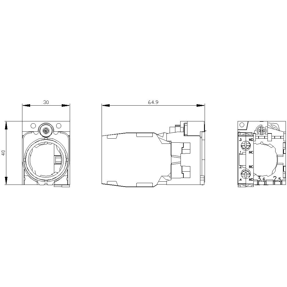 Technische Zeichnung eines rechteckigen elektromechanischen Bauteils mit Maßen 30x64,9x40 mm, zeigt Vorder-, Seiten- und Oberansicht.