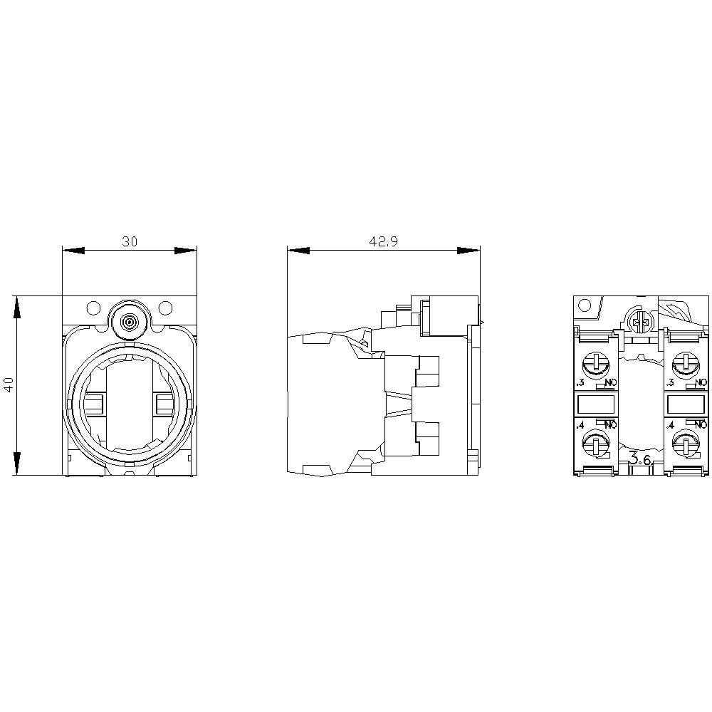 Technische Zeichnung eines rechteckigen elektrischen Bauteils mit Maßen 30x40 mm und seitlicher Ansicht mit 42,9 mm Tiefe.
