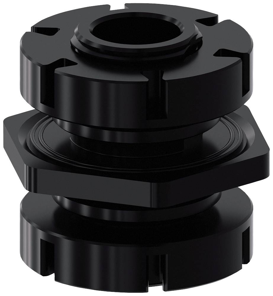 Zweiteilige schwarze Kabelverschraubung mit quadratischer Basis und geripptem Körper, geeignet für industrielle Anwendungen.