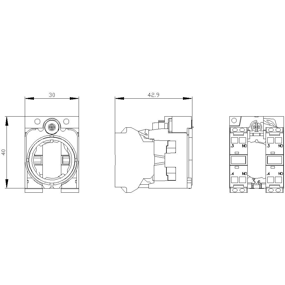 Technische Zeichnung eines elektrischen Bauteils mit Front- und Seitenansicht, zeigt detaillierte Maße: 30x40 und 42,9 Breite.