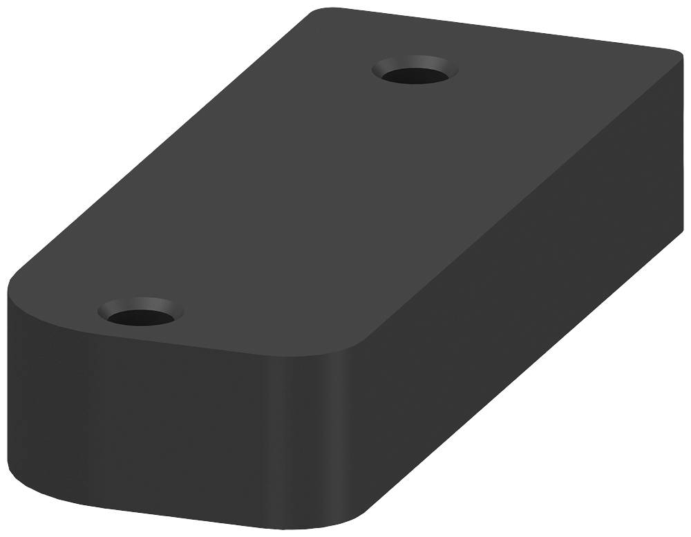 Schwarzes, rechteckiges Bauteil mit abgerundeten Ecken und zwei Bohrlöchern.