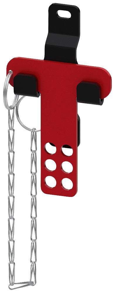 Rotes, rechteckiges Metallgerät mit runden Löchern und Kette; möglicherweise ein Sicherheits- oder Befestigungswerkzeug.