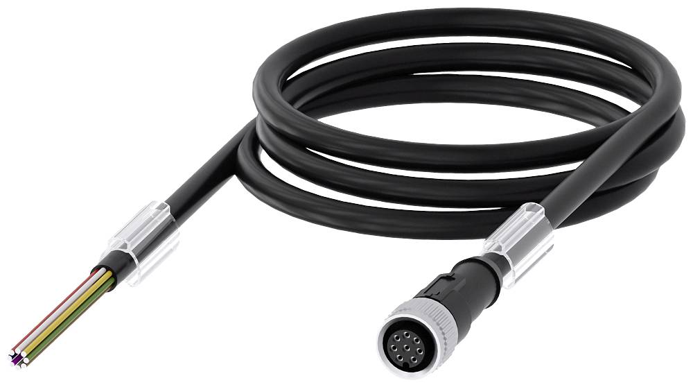 Ein schwarzes, mehradriges Kabel mit einem runden Stecker auf der einen Seite und offenen Enden auf der anderen Seite liegt aufgerollt.