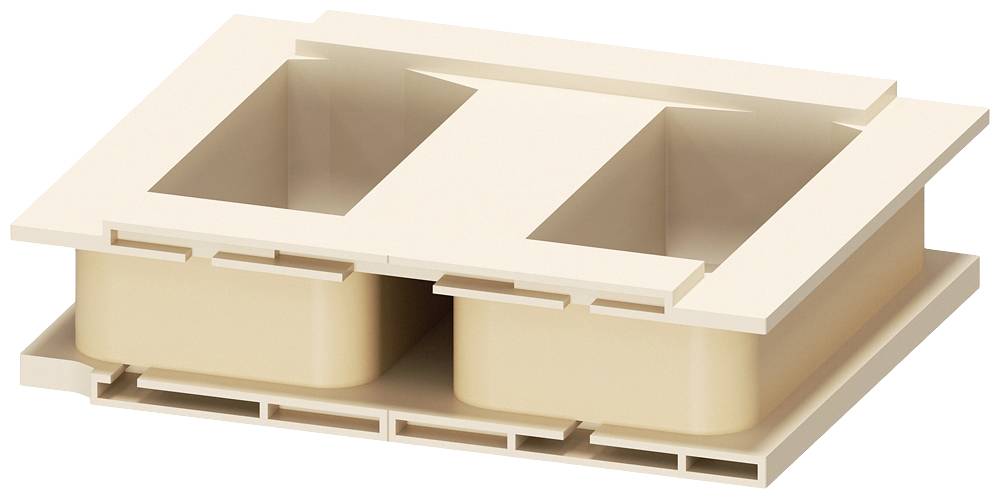 Kunststoffteil mit zwei quadratischen Öffnungen, beige. Verwendet für technische Anwendungen oder als Halterung.
