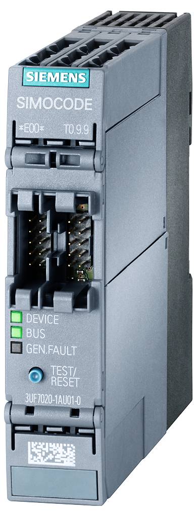 Ein Siemens SIMOCODE-Modul mit Anzeigeleuchten für 'DEVICE', 'BUS', und 'GEN.FAULT'. Anwendungsbereich: Industrielle Steuerungssysteme.