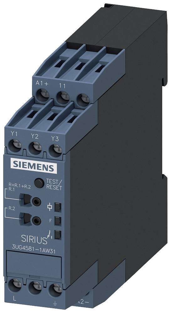 'Siemens SIRIUS 3UG4581-1AW31' industrielles Überwachungsrelais in blauer Gehäusefarbe, mit mehreren Anschlussoptionen.